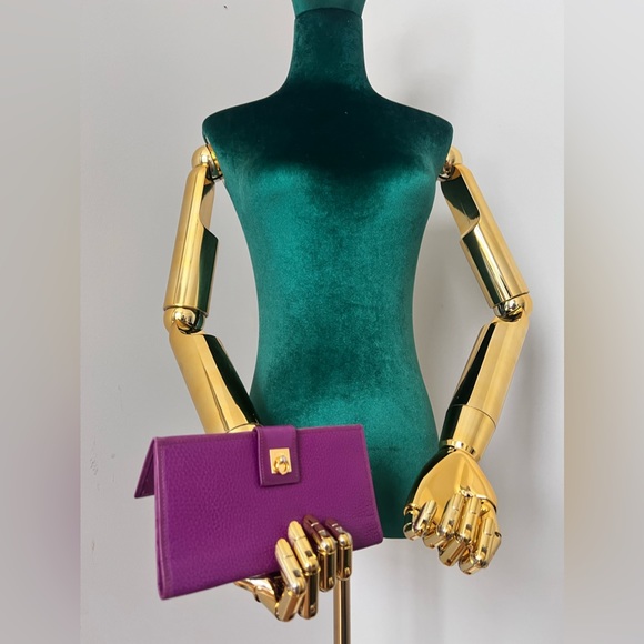 Vintage Celine Bifold Long Wallet Leather Purple Gold Italy Auth from JAPAN 0079 - Picture 1 of 12